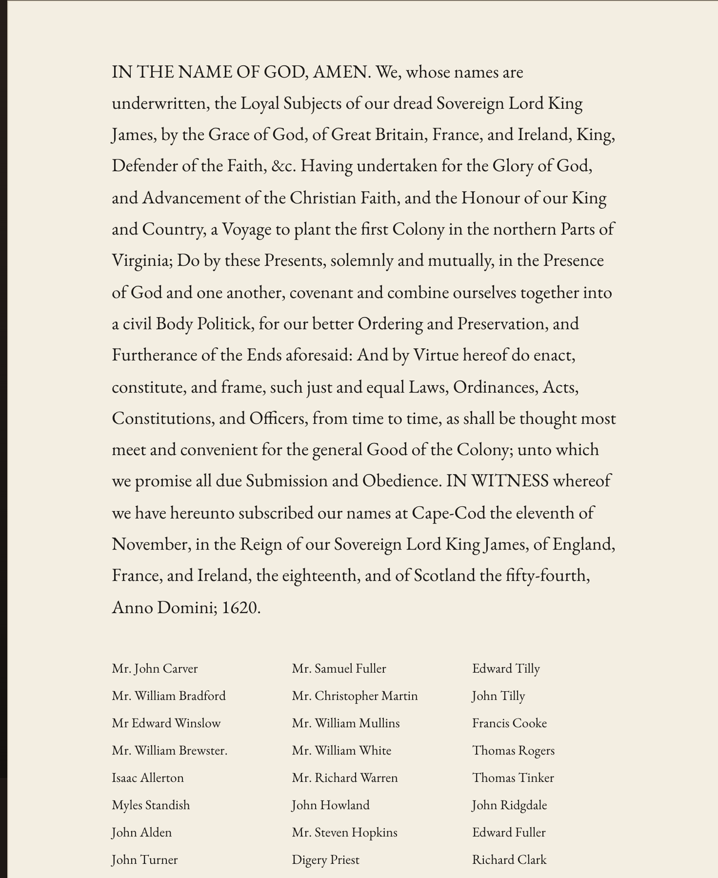 The Mayflower Compact set on a parchment sheet against the dark page, in the spelling of the source, opening IN THE NAME OF GOD, AMEN. We, whose names are underwritten.